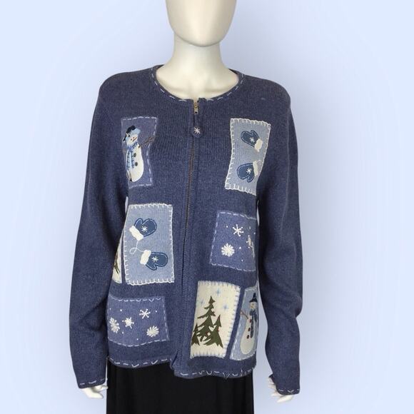 Croft & Barrow Blue Christmas Cardigan Patchwork Full Zip Sweater Snowman - Picture 5 of 11